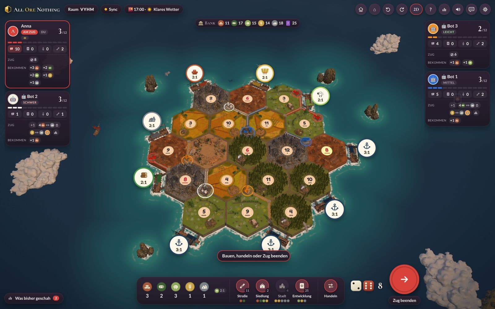 3D game board with harbors, roads and settlements of four players; the players' seats left and right, resources, build buttons and the turn button at the bottom