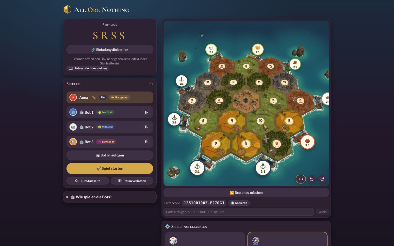 Waiting room with room code, player list with three bots and a map preview